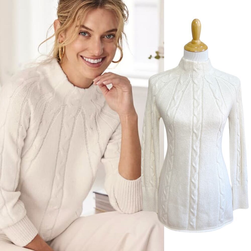 Soft‎ Surroundings Nisette Cable Knit Mock Neck White Tunic Cozy Sweater XS